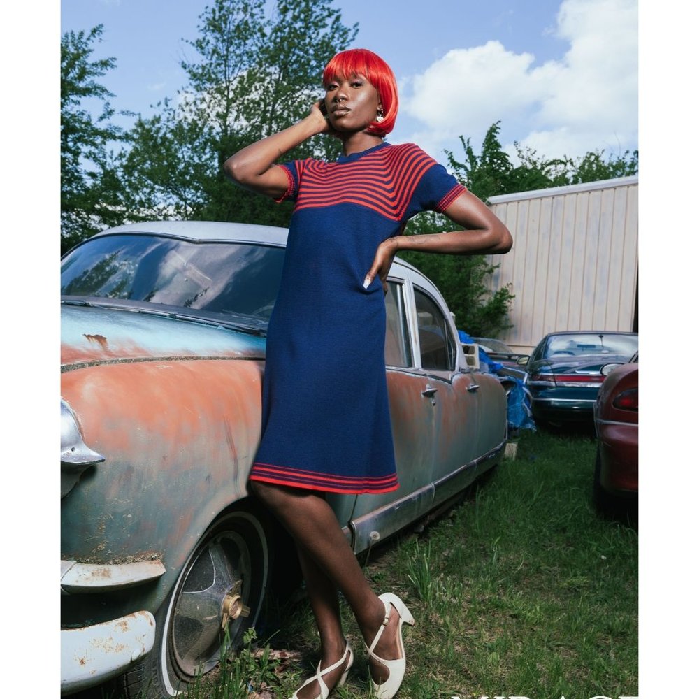 Vintage 1960's-70's Navy Red Stripe Sweater Shift Dress- Size 6